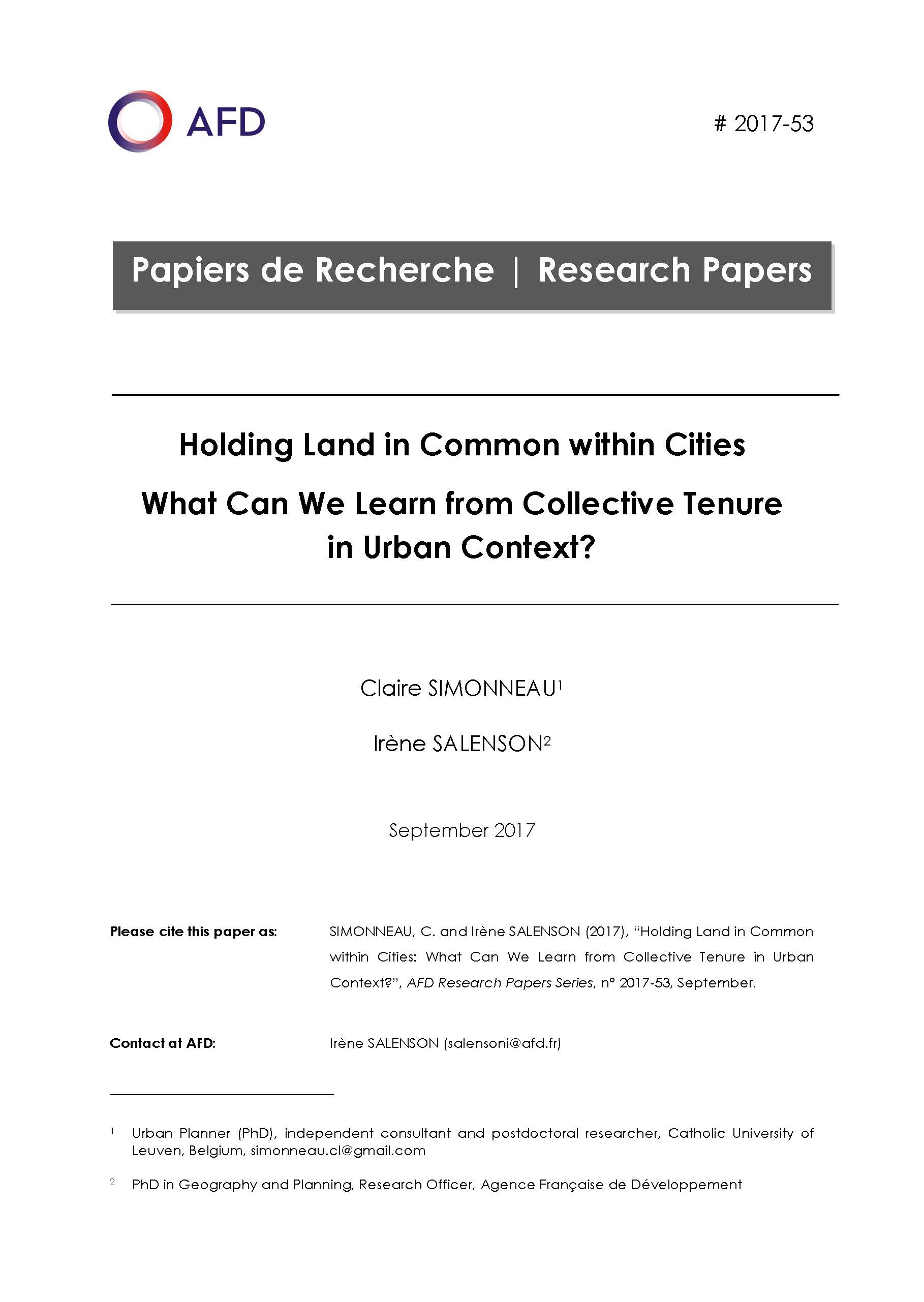 Holding Land in Common within Cities AFD Agence Française de